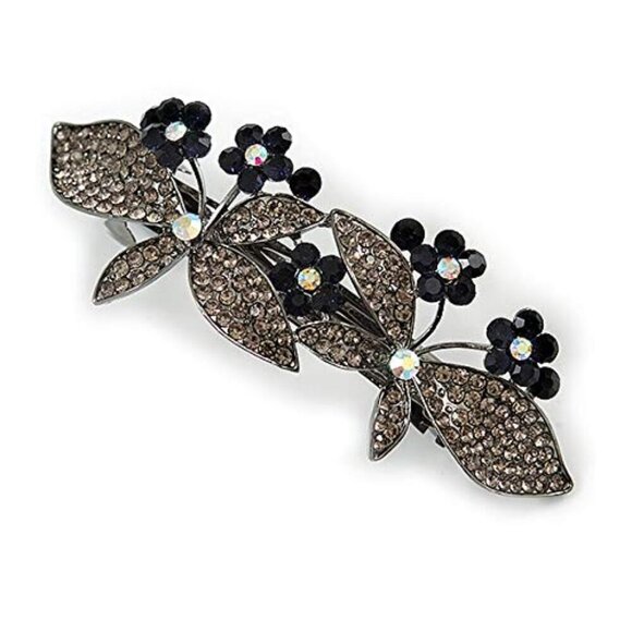 Double Butterfly Hair Clip Crystal Insect Hair Grip Dark Grey Blue Elegant main image 6
